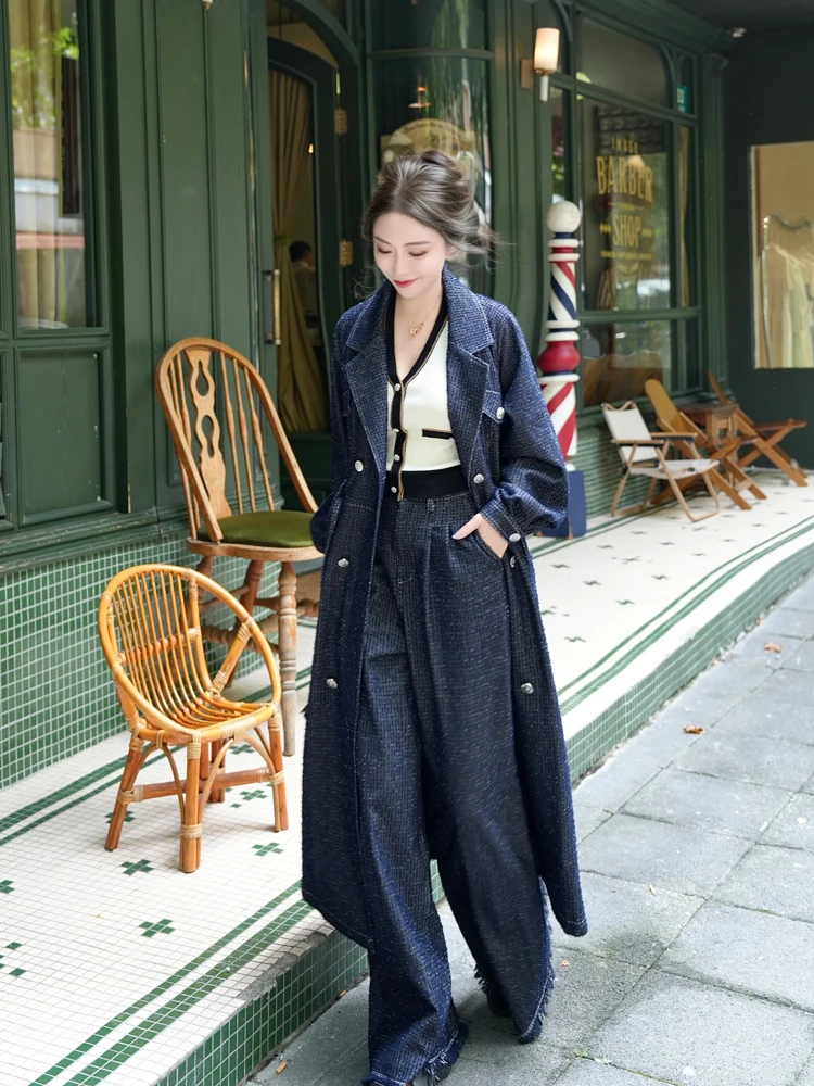 

Пальто ReVe Autumn Fashion Long Coat Haute Couture Street Style Loose Fit из бархатной джинсовой ткани в стиле Small Fragrance с эффектом Tufted