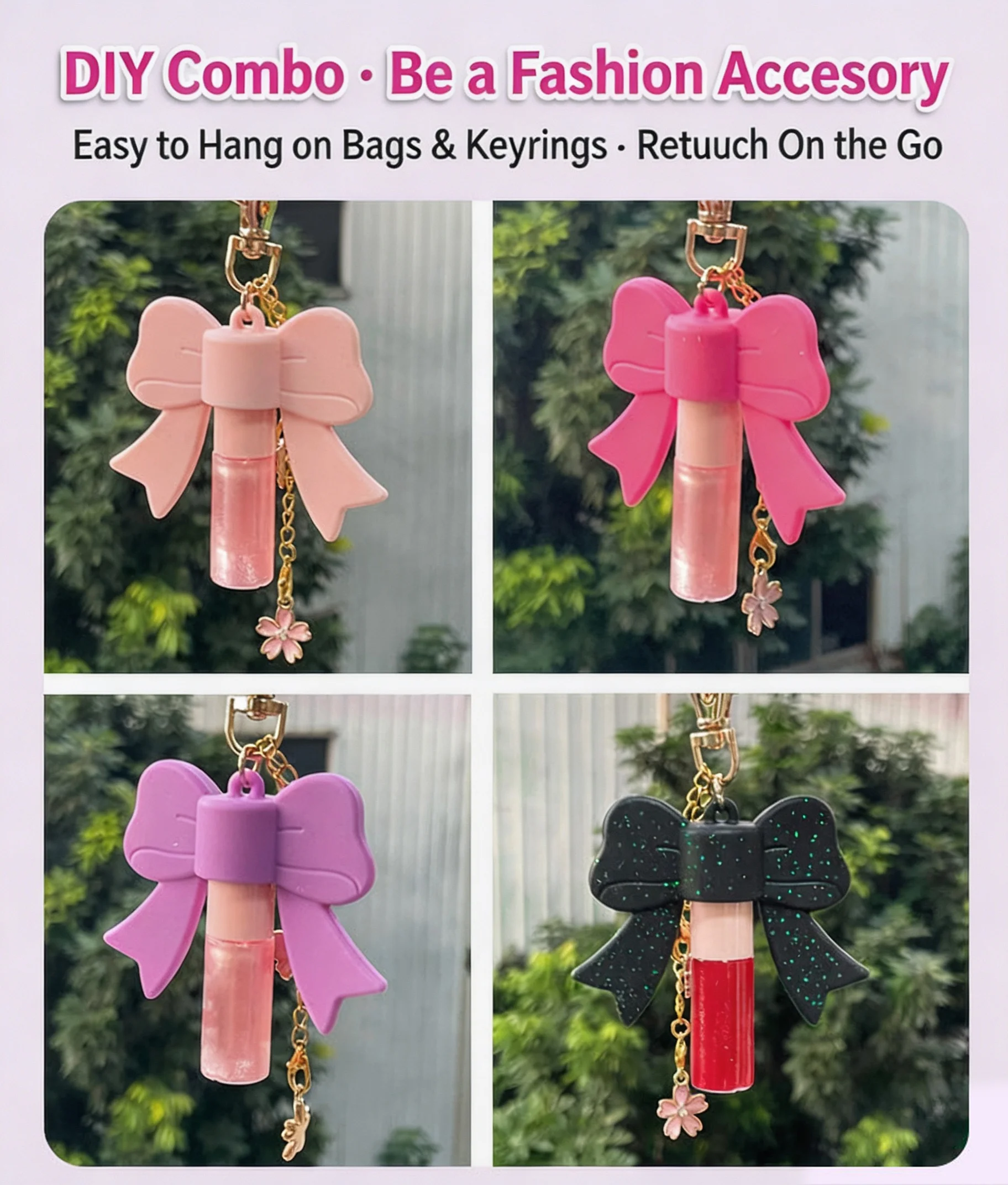 Cute Bow Silicone Lipstick Holder Keychain, 3 Sizes Portable Lip Gloss Balm Organizer Bag Charm