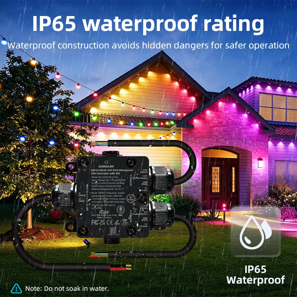 CENFAYA ESP32 WLED LED Strip Controller 4CH Outputs IP65 Waterproof DIY Dynamic Modes Built-in Mic For Addressable LED Strip
