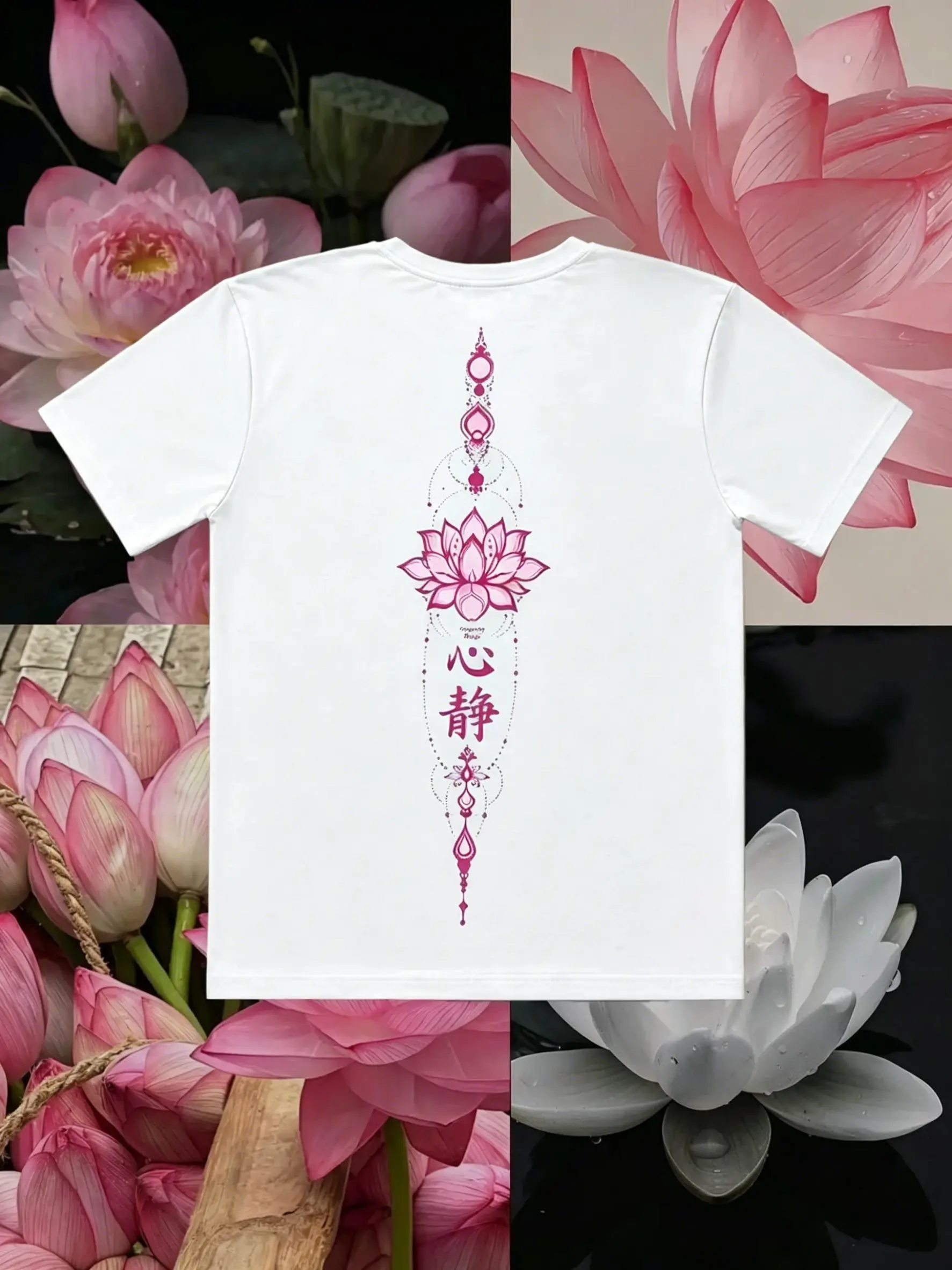Lotus Pattern Printed Pure Cotton Men's and Women's T-shirt Casual Loose Oversized Short Sleeved Street Top