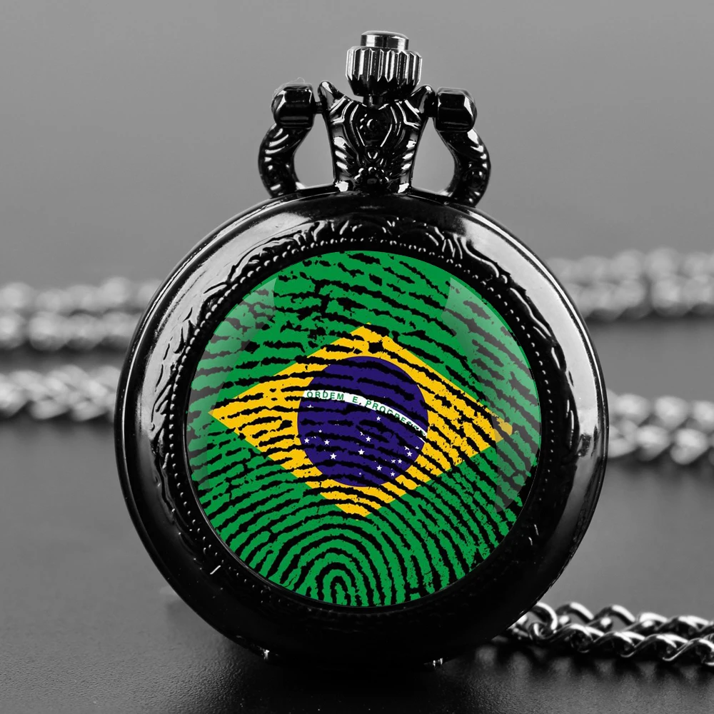 Montre de poche à quartz noir avec dôme en verre et drapeau brésilien, avec cadran en chiffres arabes et chaîne durable, cadeau rétro pour hommes et femmes