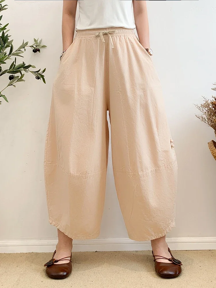 Retro Lantern Pants for Women 2023 Sumemr Baggy Cotton Linen Home Bloomers Khaki Oversize Women\'s Harem Pants with Pockets Cargo