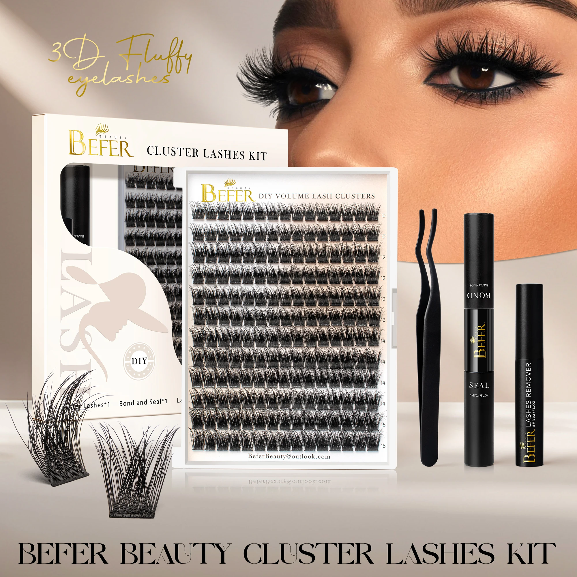 BEFER Wimpernverlängerungsset, 10–16 mm, Einzelwimpern-Cluster-Set, Bond&Seal-Entferner, Pinzette, natürliches Set für falsche Wimpern