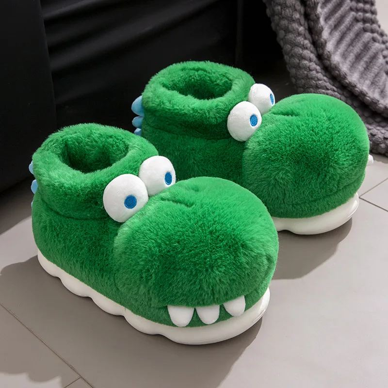 

Stylish Crocodile Dinosaur Plush Slippers Cartoon Green Platform Flat Slippers Cute Floor Shoes Thicken Warm Slippers Winter