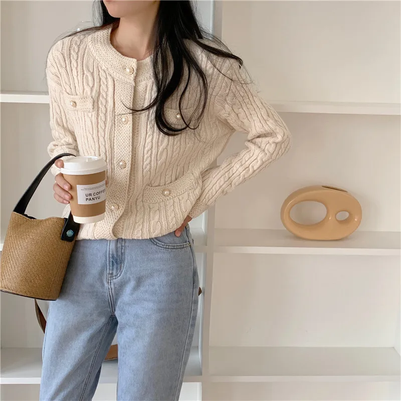 Deeptown White Vintage Women Knitted Cardigan Korean Fashion Long Sleeve Female Sweater Slim Autumn Elegant Knitwear Old Money