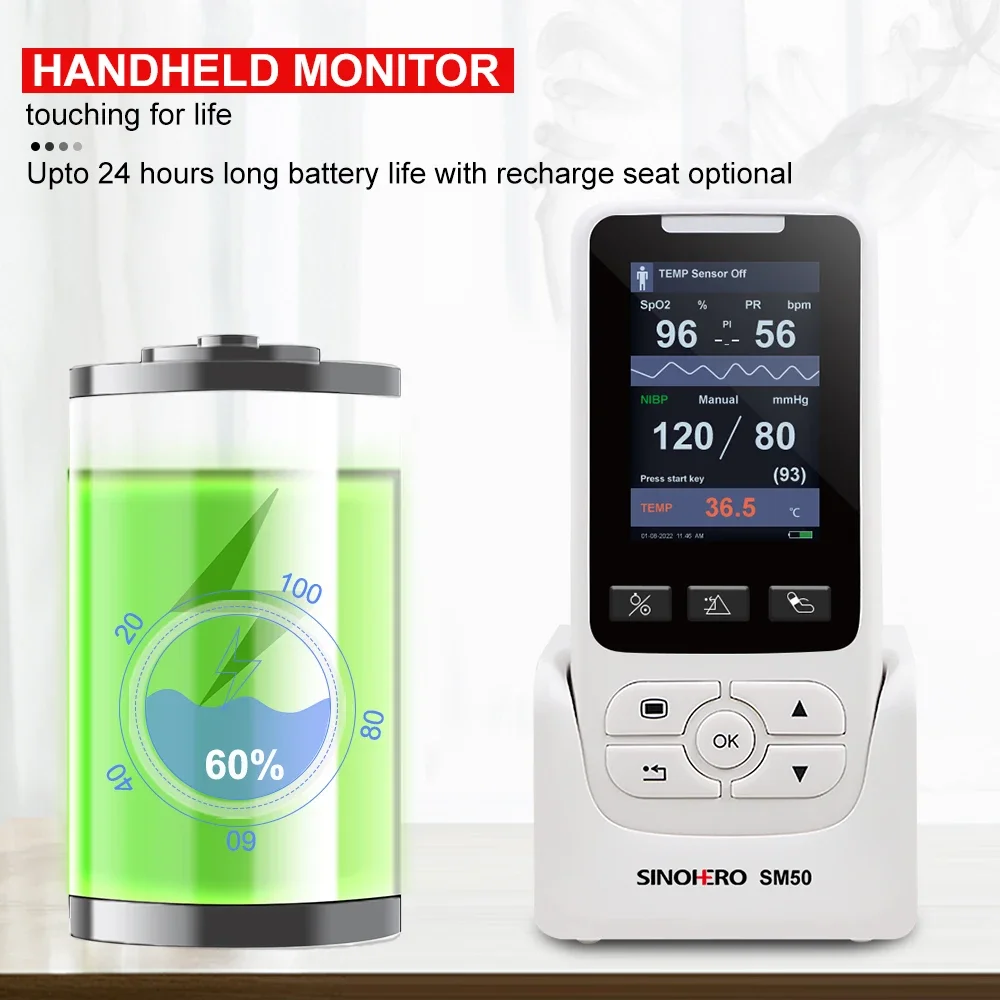 Monitor paciente Handheld SM50, hospital home, ICU, SPO2, NIBP, TEMP, PR, sinais vitais, único ou multi parâmetro opcional