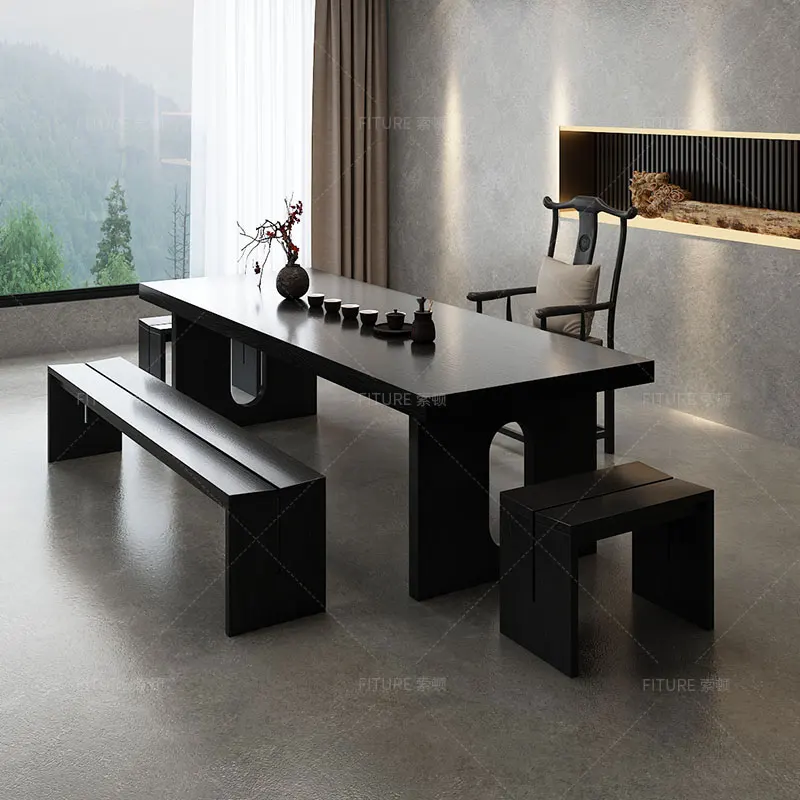 Tea table black table and chair combination solid wood wabi wind living room office conference table simple negotiation