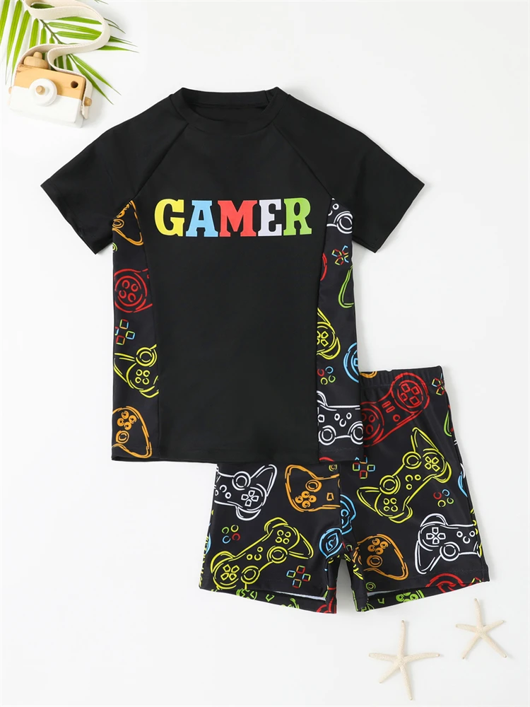 Boy Swimsuit 2024 New Graffiti Print Short Sleeve Children Swimwear Summer Two Piece Kids Beach Wear Swimming Bathing Suit Boys