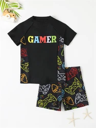 Boy Swimsuit 2024 New Graffiti Print Short Sleeve Children Swimwear Summer Two Piece Kids Beach Wear Swimming Bathing Suit Boys