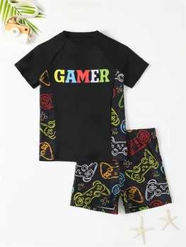 Boy Swimsuit 2026 New Graffiti Print Short Sleeve Children Swimwear Summer Two Piece Kids Beach Wear Swimming Bathing Suit Boys