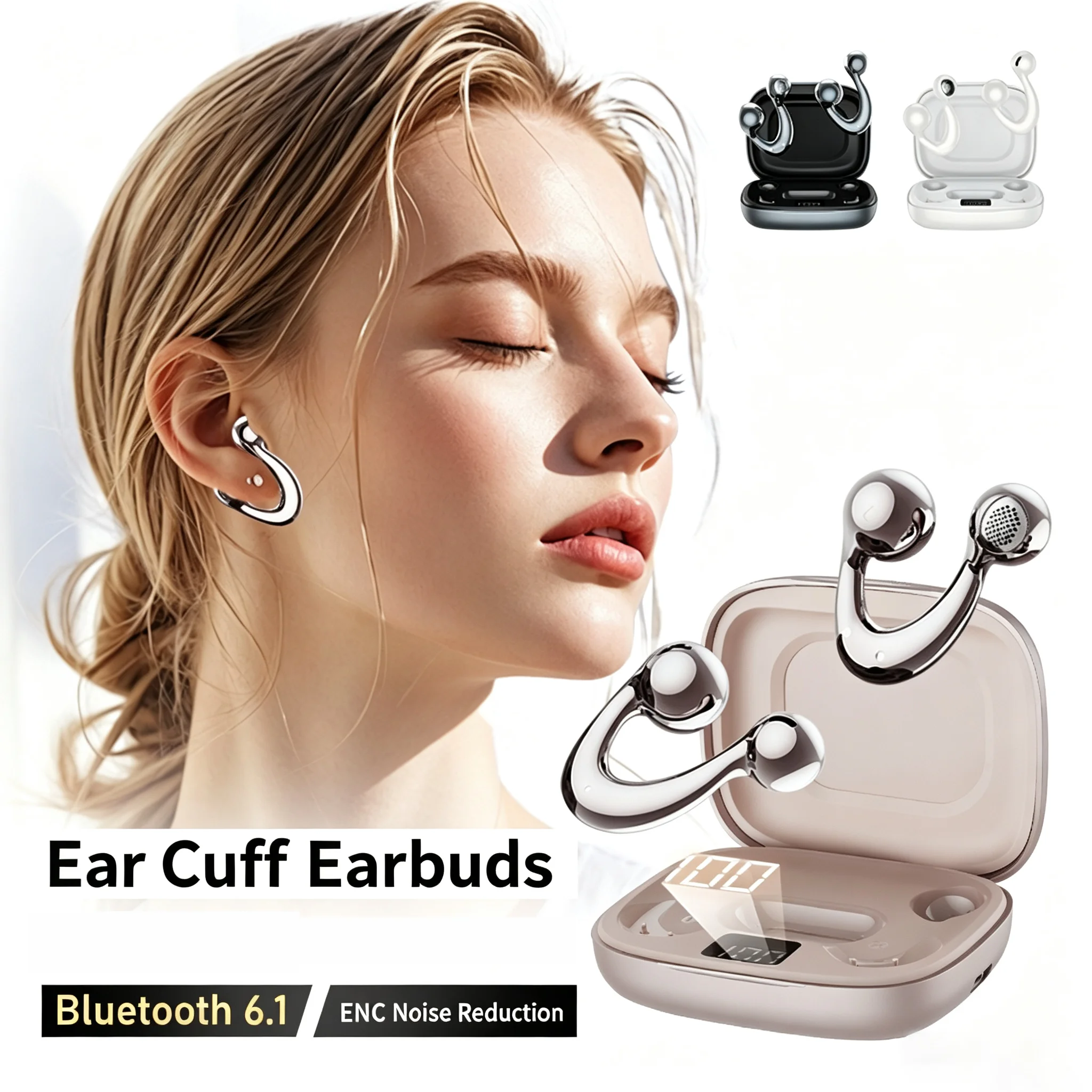 Auricolari wireless a conduzione aerea con design open-ear, cancellazione del rumore ENC, 360 ° Audio surround, design a forma di gioiello per l’orecchio, lunga durata della batteria, connessione