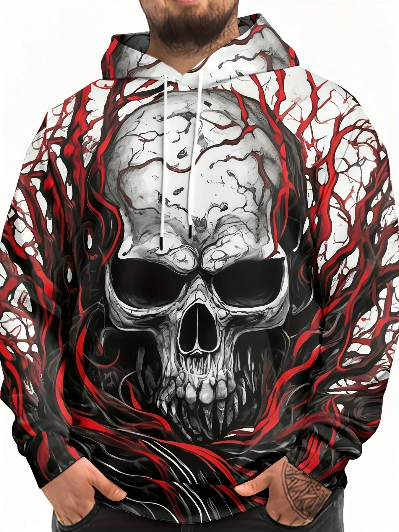 سويت شيرت بغطاء للرأس إصدار محدود للهالوين للرجال |   تصميم جمجمة الهيكل العظمي المتفوق |   هوديي كاجوال بأكمام طويلة كبيرة الحجم