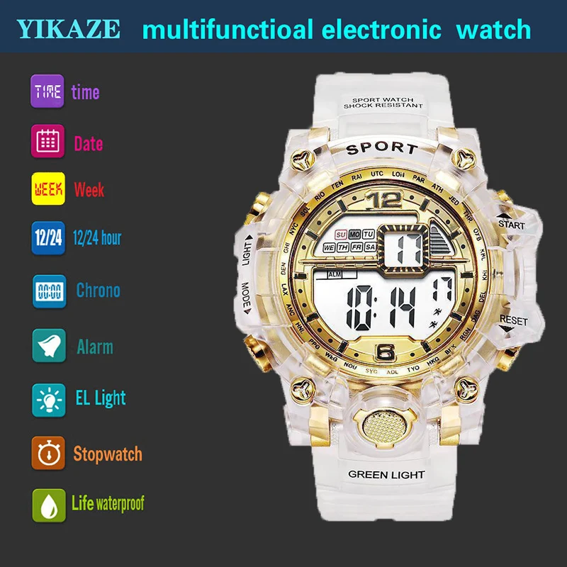 YIKAZE Fashion Digital Watch for Men Large Dial Men's Sports Watch Multifunction Military Wristwatch Waterproof Electronic Watch