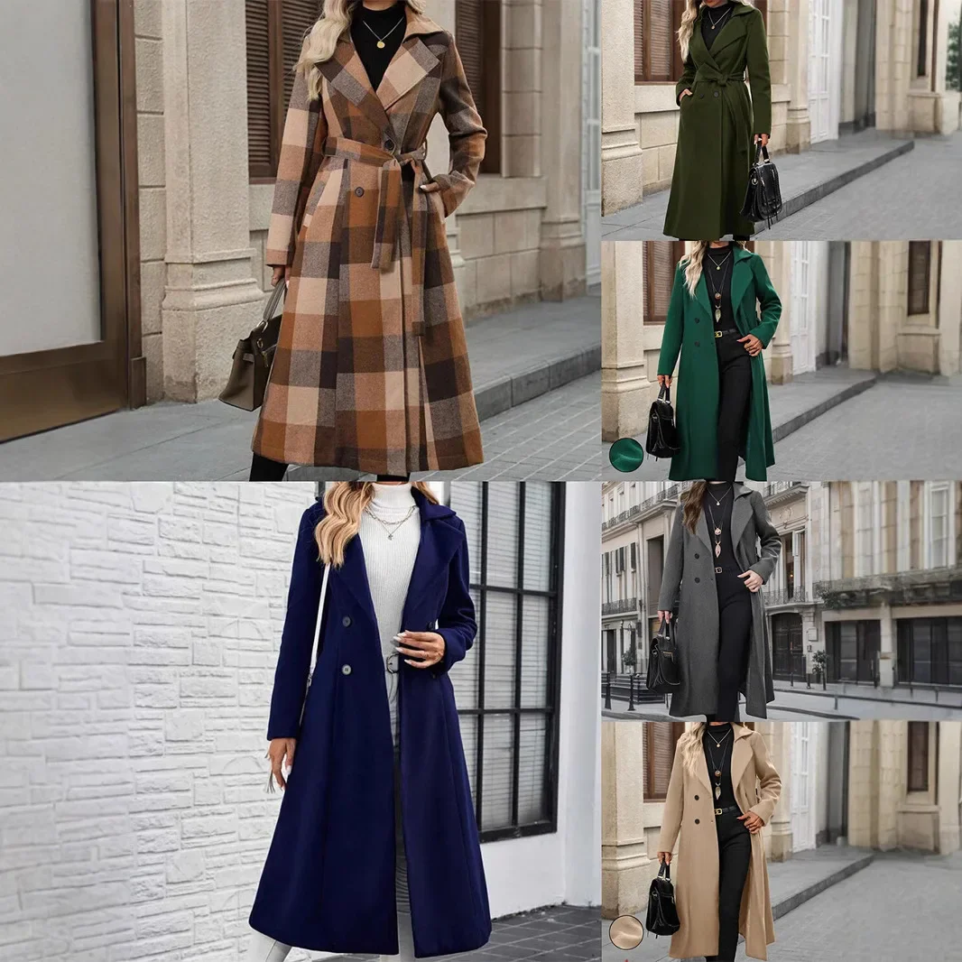 New Style Import Outerwear Windbreaker from Mainland Extended Length Woolen Coat with Double Row Buttons And Belt for Women