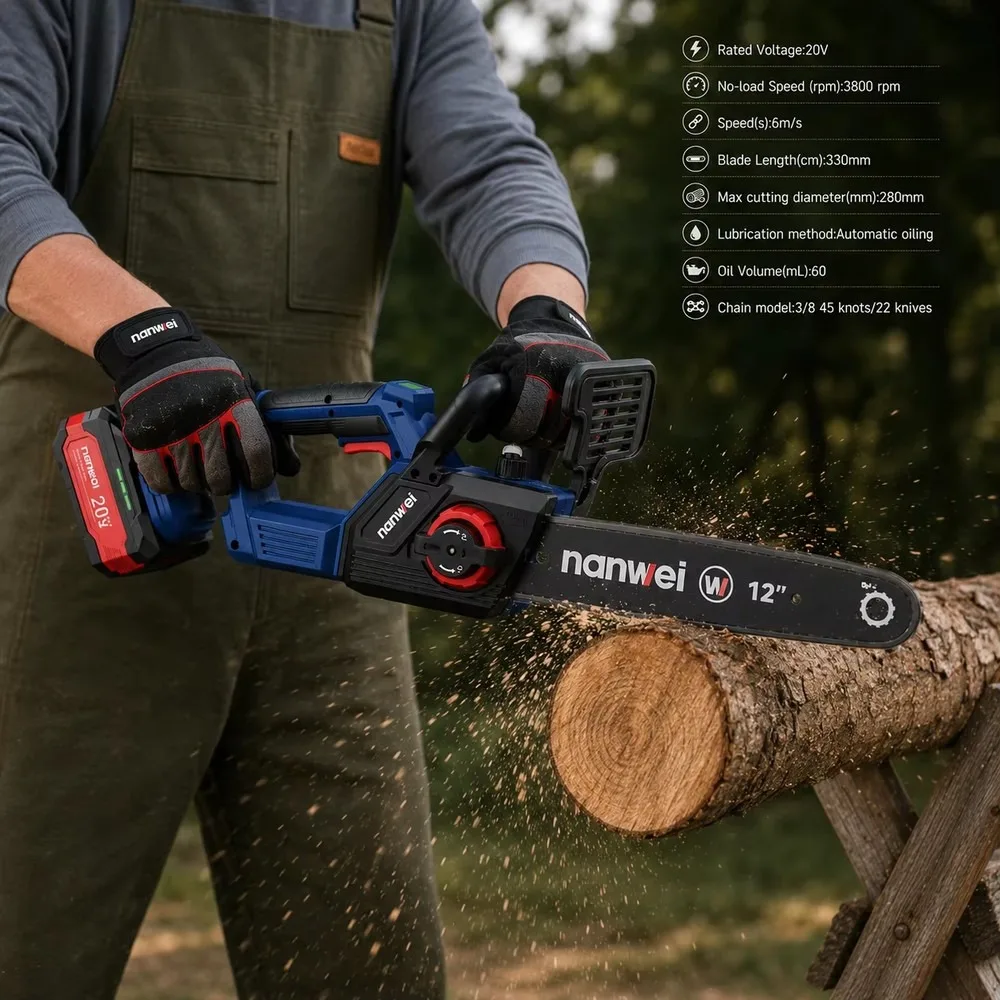 12-Inch Brushless Cordless Electric Chainsaw with Dual Lithium Battery Handheld Garden Logging Wood Cutting Power Tool