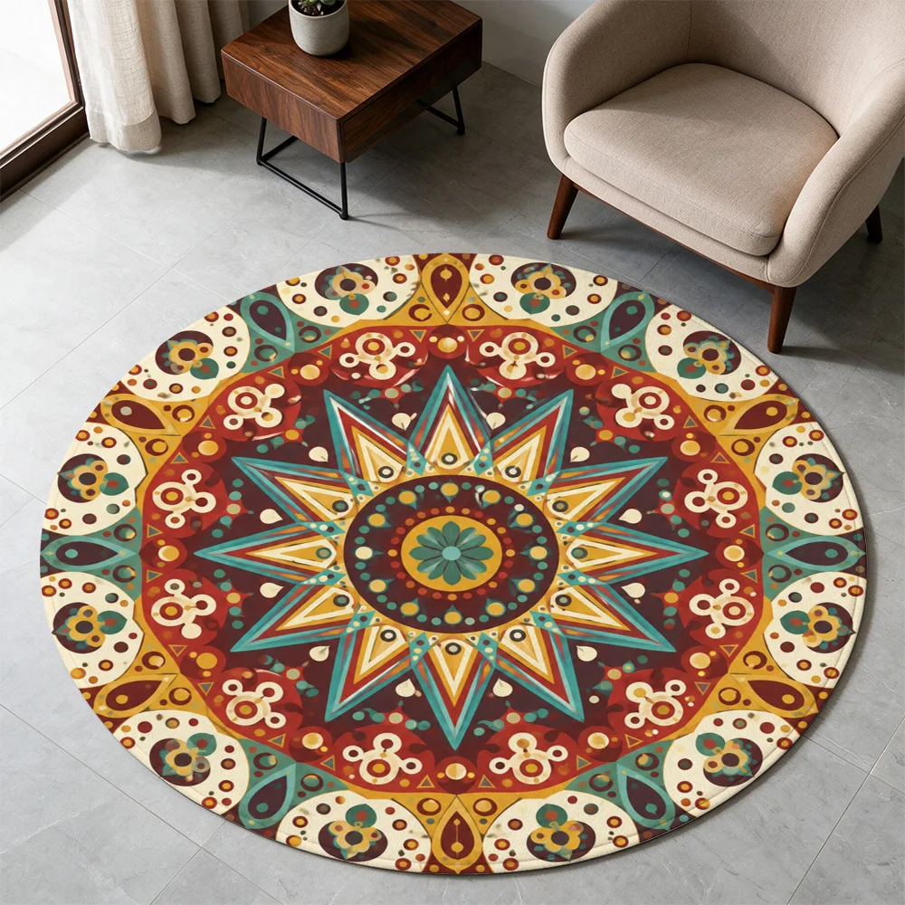 Bohemian Mandala Pattern Round Area Rug for Living Room Boho Chic Floor Decor Accent Mat