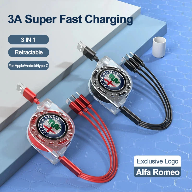 3 In 1 Retractable Data Cable USB Type-C Car Charger Head Auto Accessories For Alfa Romeo 4C 159 166 Giulia Giulietta 156 147 GT
