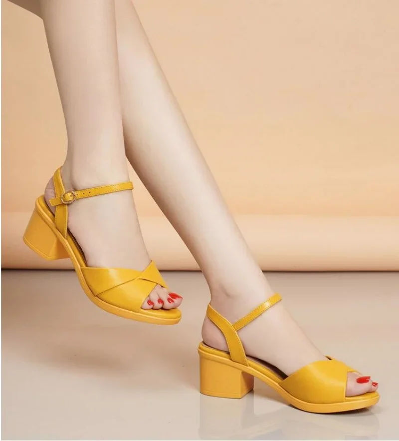 

Genuine Leather 5cm Size 35-43 Comfortable High Heels Shoes Summer Women's Rhinestone Platform Sandals for Office Mom Beach