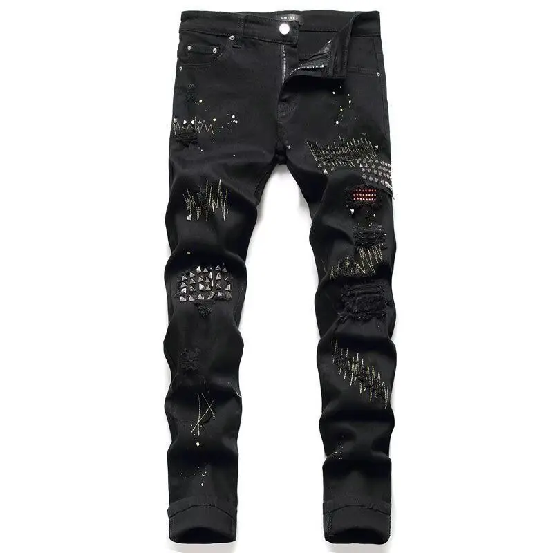 Luxury Jeans for Man Original Elastic Embroidery Slim Jeans 2026 Autumn Ripped Rivets Nightclub Street Trendy Black Pants Men