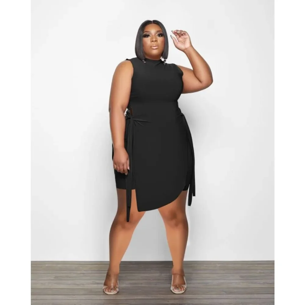 

2024 Plus Size Women Two-piece Sets Fashion Casual Wave Lace Up Solid Color Two-piece Suit Elegant Sleeveless Tops & Pants Set