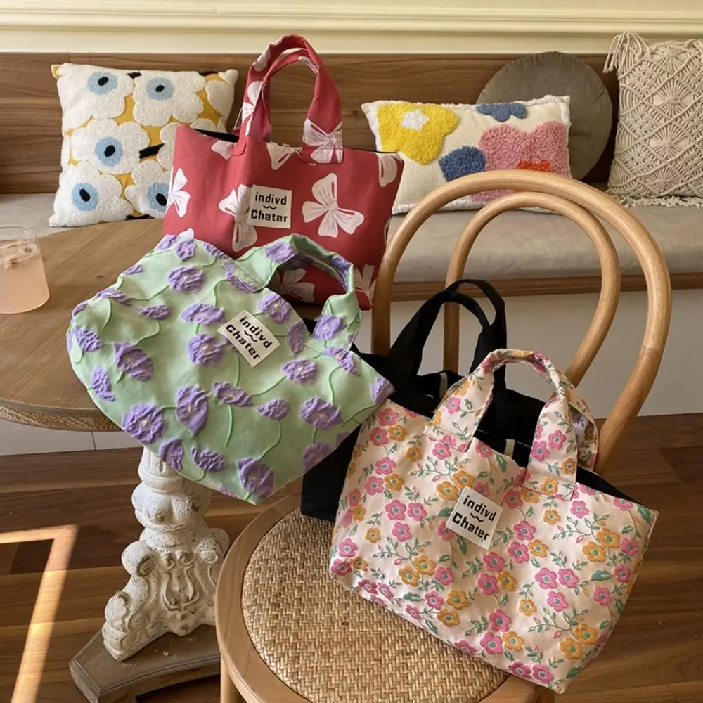 

Casual Oil Painting Floral Canvas Tote Bag Tulip French Style Bow Handbag Single Shoulder Bag Handholder Lunch Bag Lady