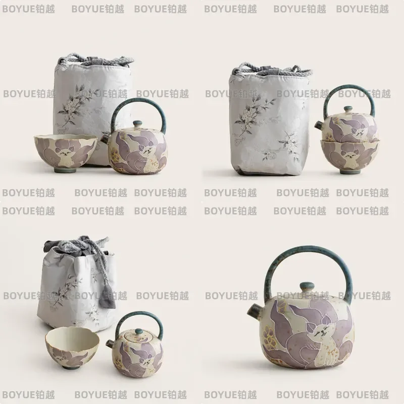 for Travel Tea Set Hand Painted Nine Tailed Pot One Pot One Cup Single Person Ceramic Tea Set with Cloth Packaging Simple