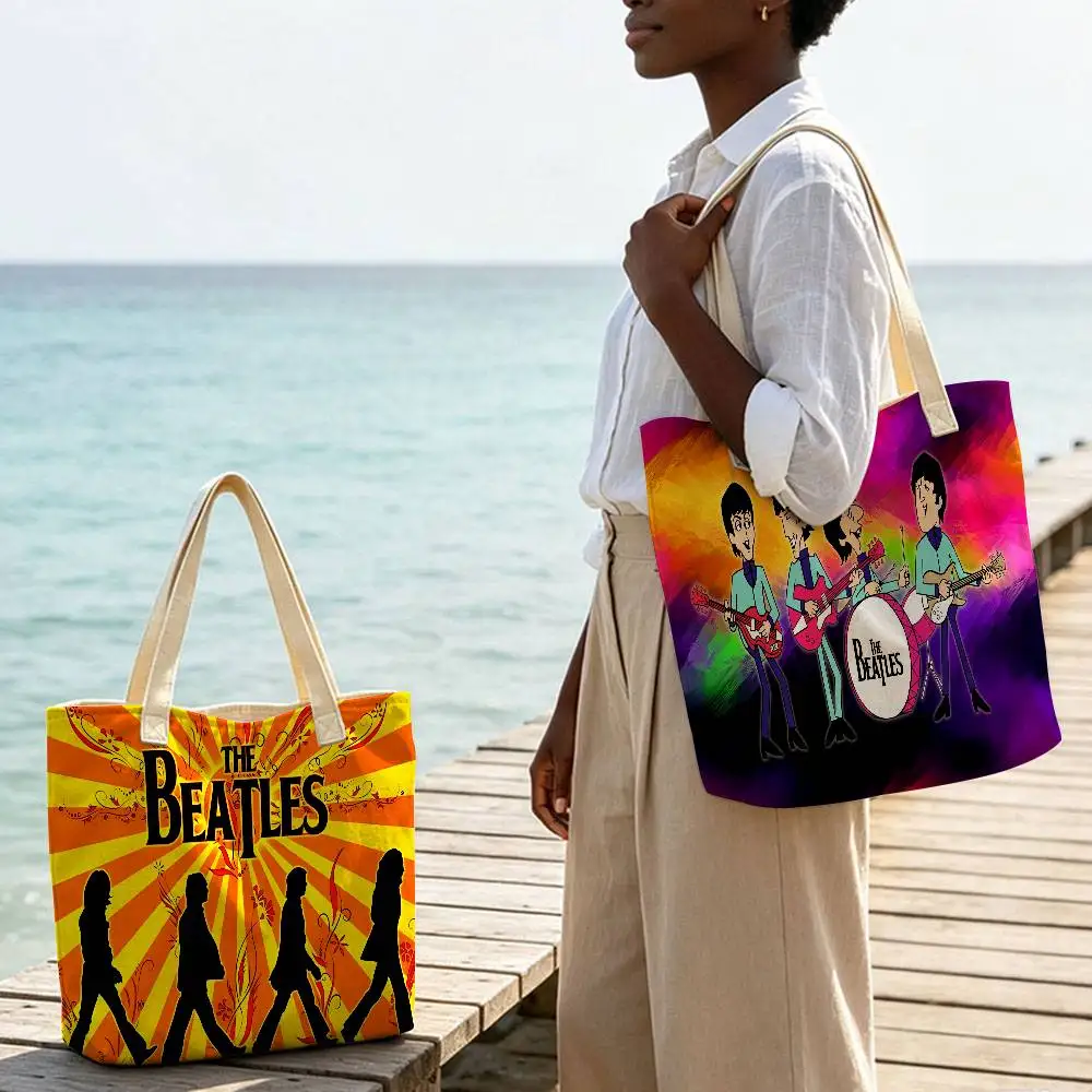 T-The-B-Beatles Rock Band Large Storage Tote Bag Linen Blend Cotton Polyester Shoulder Handbag Reusable Eco‑Friendly Daily Bag