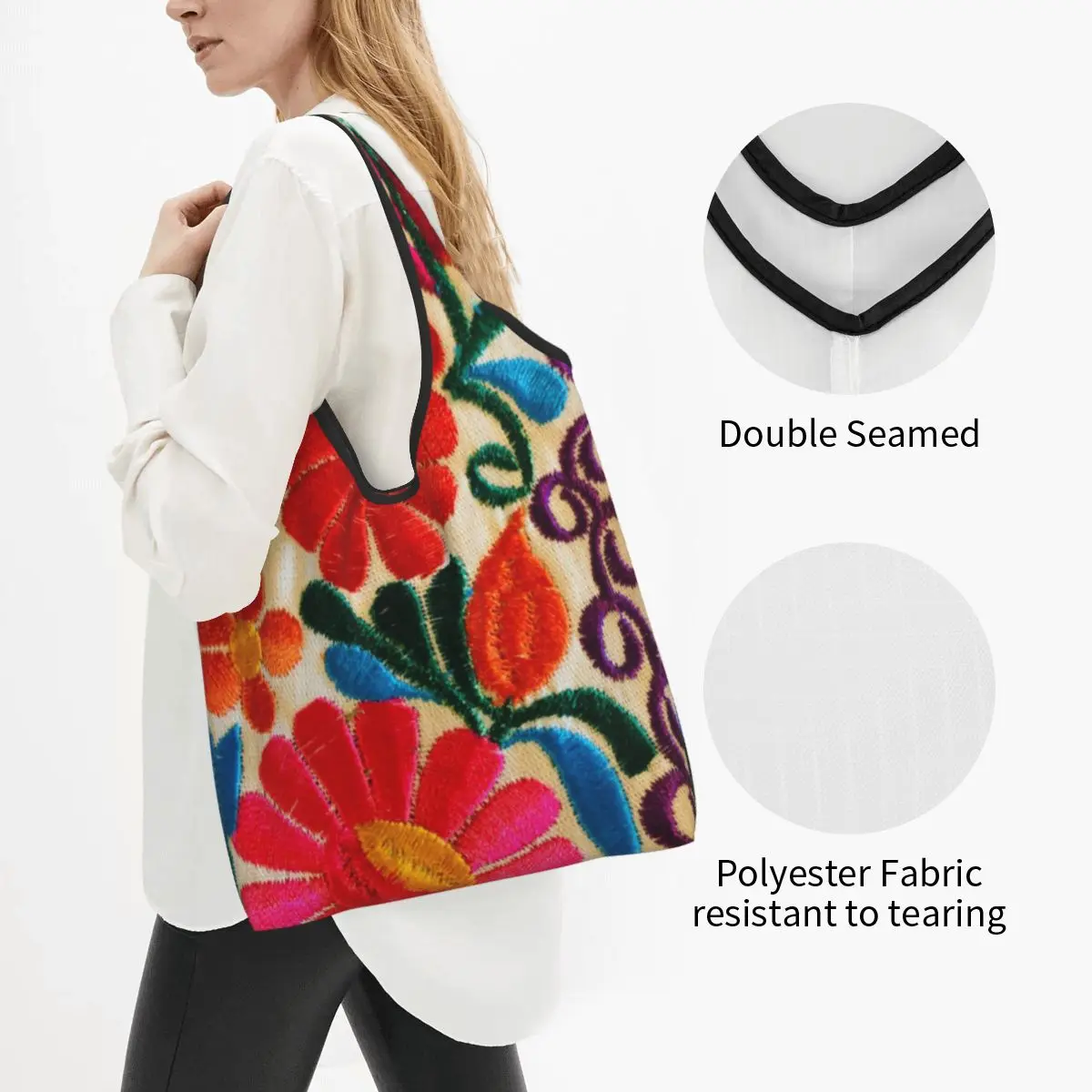 Fourre-tout d\'épicerie d\'art de broderie de fleurs mexicaines pour femmes, sac à provisions florales, sac à provisions populaire, sac à main de