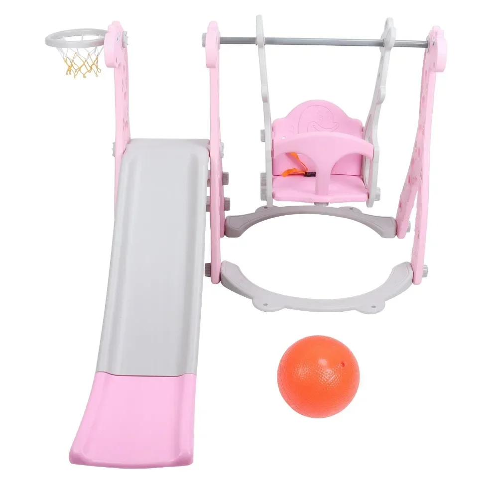 

Toddler Climber Swing Set with Basketball Hoop Outdoor Indoor Children Play Slide Set Pink Strong stability and thickness Slides