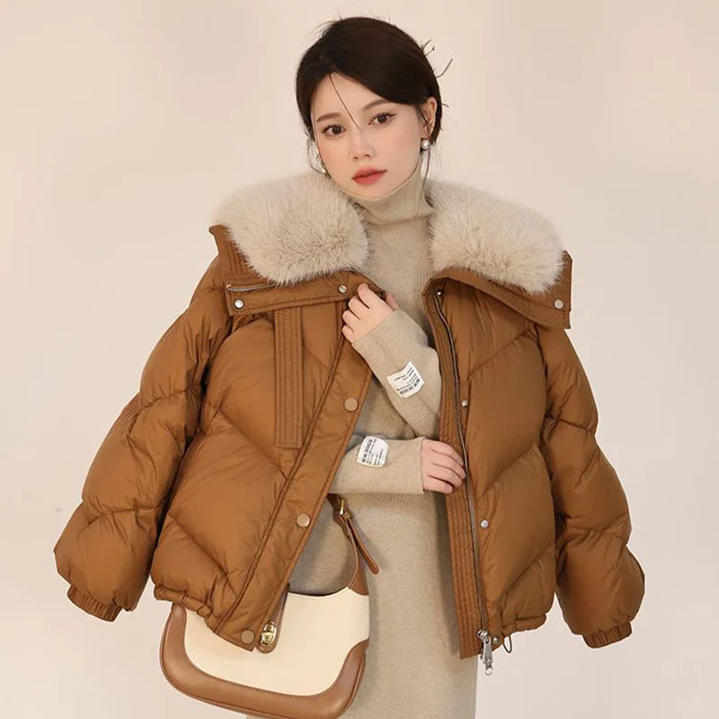 Fashion Fur Collar Short Padding Cotton Now Korean Loose Turn-down Collar Zipper Shut Up Thermal Bright Line Decoration Fur Coat