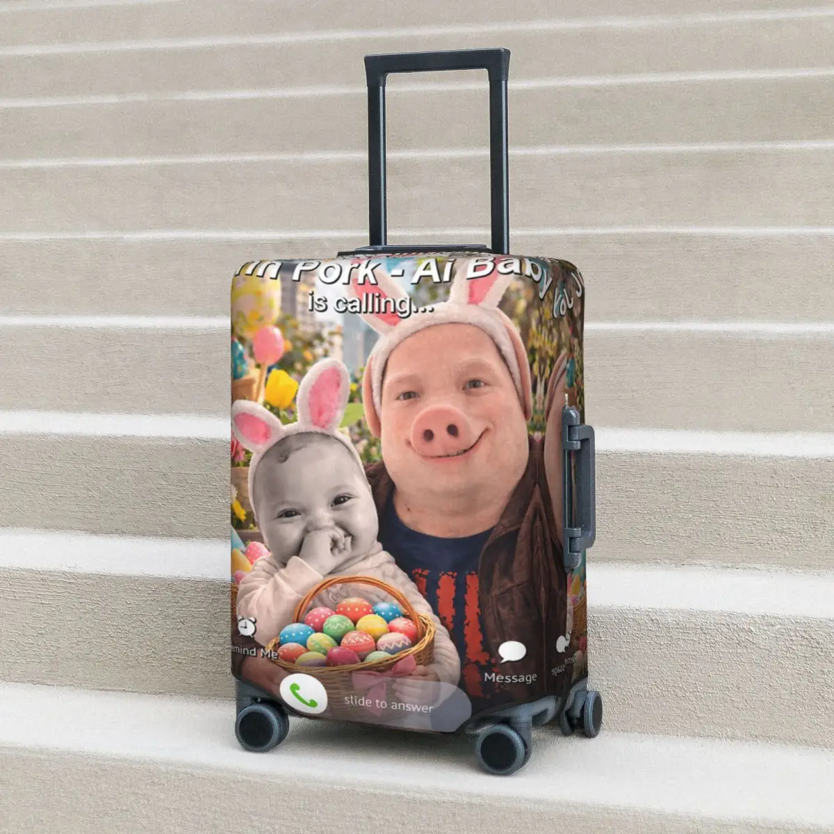 

Funny Easter Party John Pork And Ai Baby Is Calling Suitcase Cover Business Vacation Fun Luggage Accesories Protector