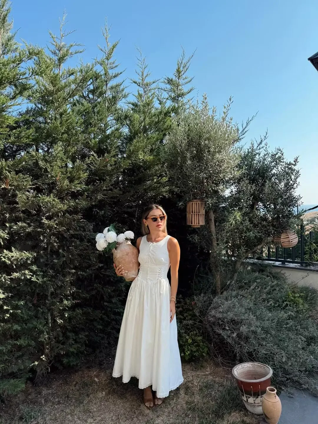 YENKYE Bohemian Style Bow O Neck White Midi Dress Women Front Lace Up Bandage Sleeveless Casual Summer Dresses Holiday Robe