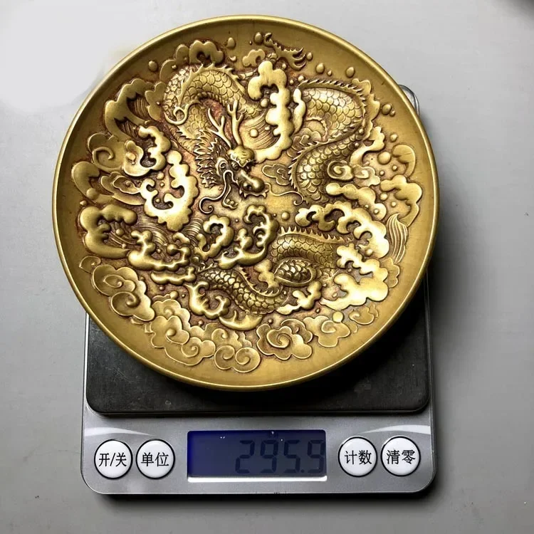 Marked Old Chinese Brass Bronze Gilt Dynasty Palace Dragon Beast Tray Plate Dish