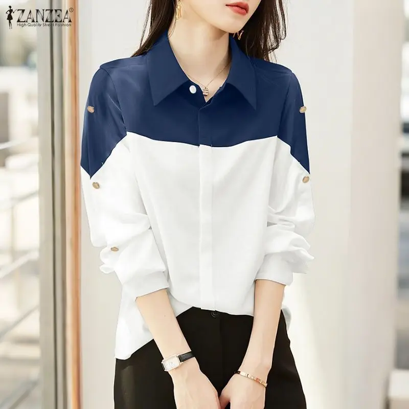 

ZANZEA модные женские рубашки контрастного цвета, повседневные топы с отложным воротником и длинными рукавами на пуговицах, весенне-летняя женская одежда