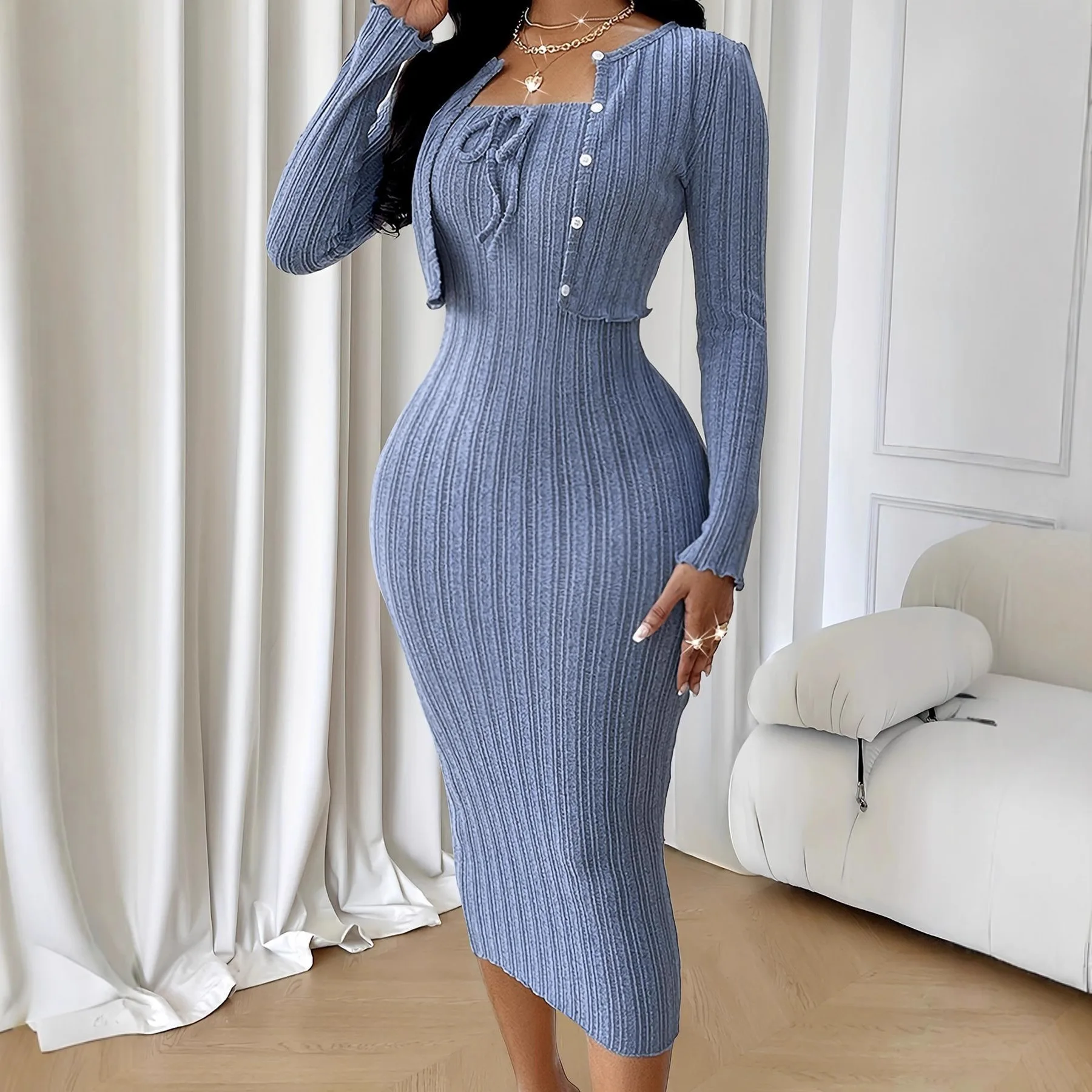 

2026 New Slim Fit Knitted Dress Women's Autumn and Winter Hip Hugging Skirt Set