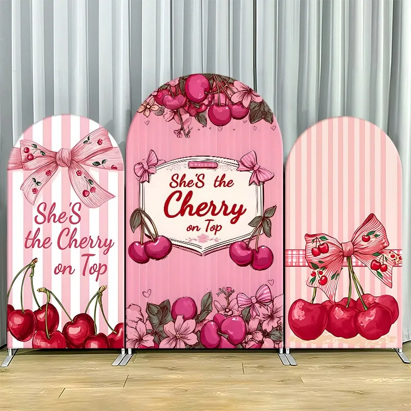 

Arch Backdrop Cover Single Side Cherry Pink Striped Bow Flower Heavy Duty Party Decoration Photo Booth Background Event Supplies