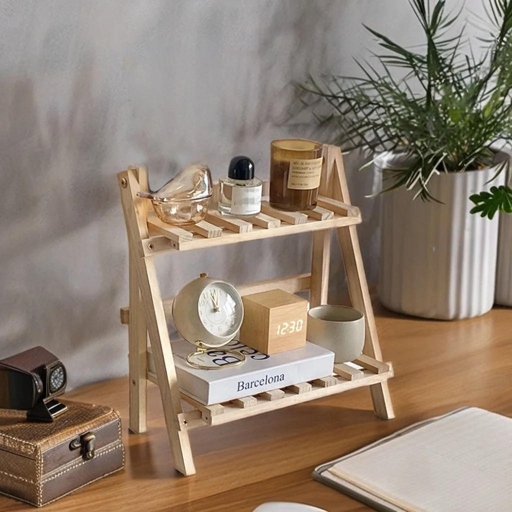 Customized 2-step foldable desktop organization wooden display stand home decoration desktop storage rack