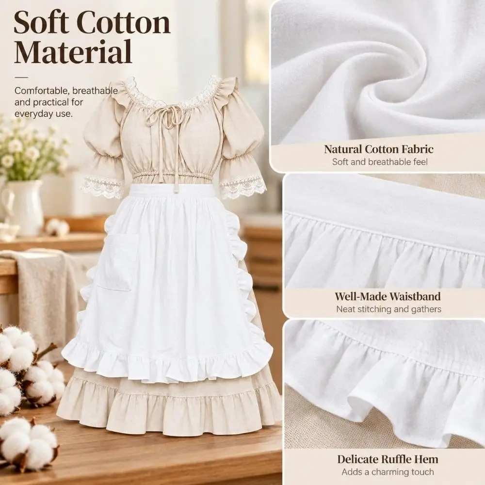 Popular White Half Body Apron Ruffle Edge with Pocket Work Apron Anti Fouling Cotton Material Short Apron For Waiter