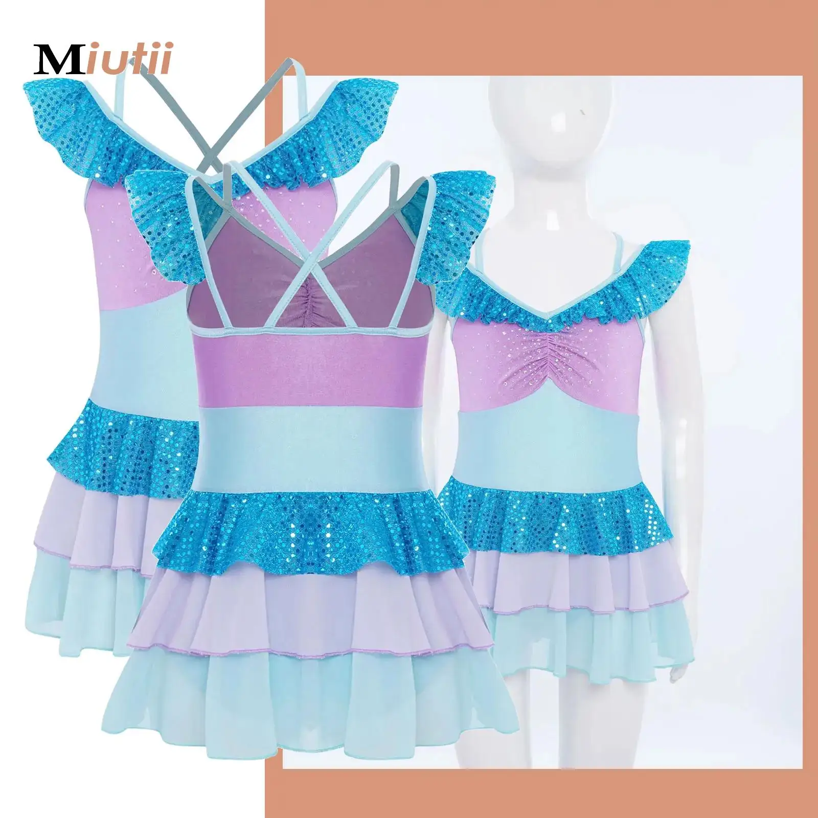 

Ballet Dress for Girls Figure Ice Skating Gymnastics Leotard Tutu Shiny Rhinestone Ruched Skater Performance Competition Costume