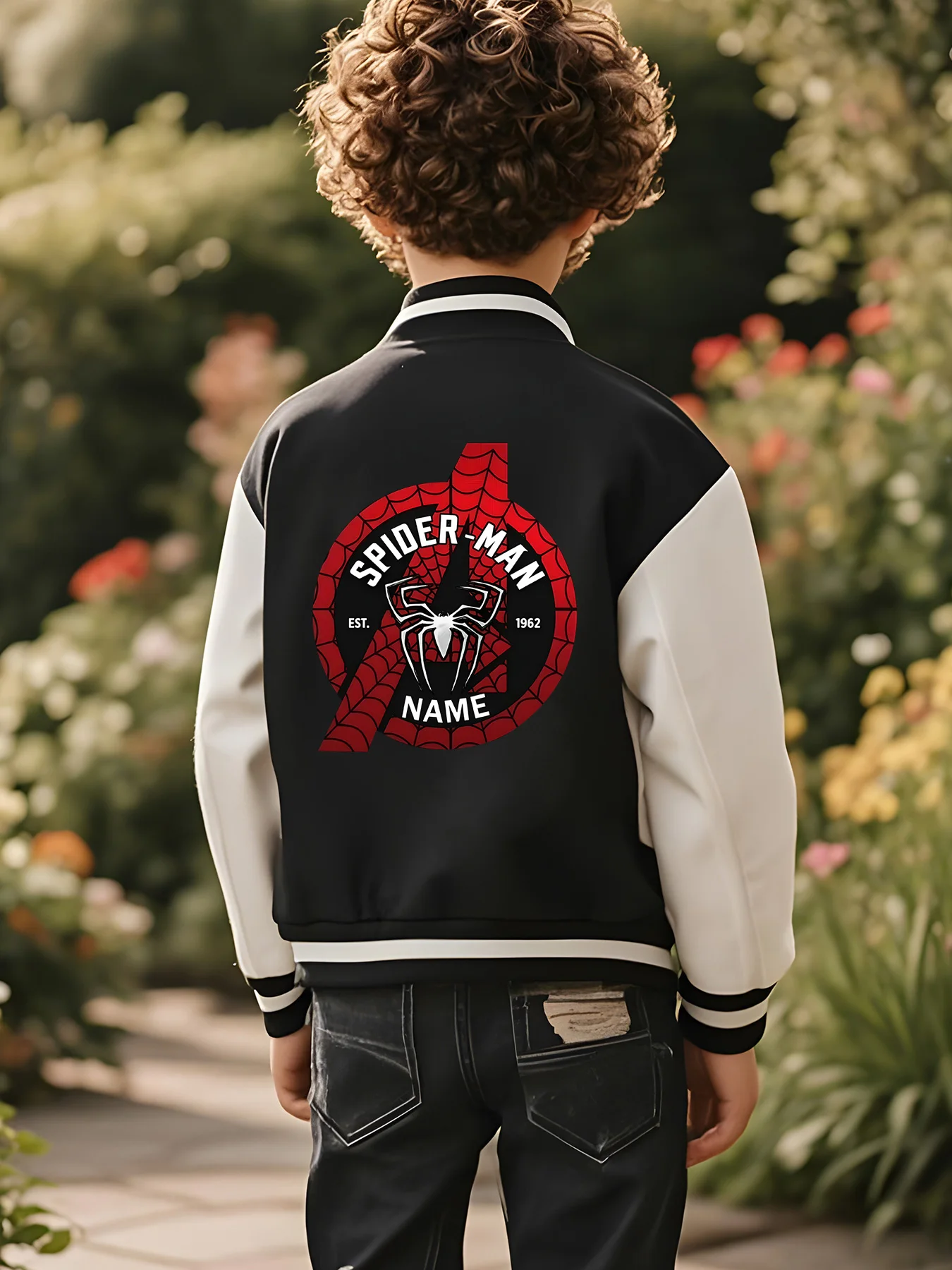 MINISO 마블 남아용 야구 재킷 - 스파이더맨 레트로 배지 프린트, 클래식 요소의 양면 융합, 학교에 적합