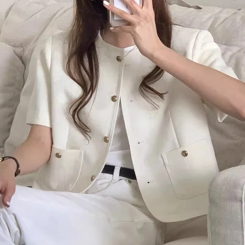 

Chic Summer Metal Button round Ne ort Sve ket Women's Outerwear Faionable Versatile Youth Commute Sle Coat