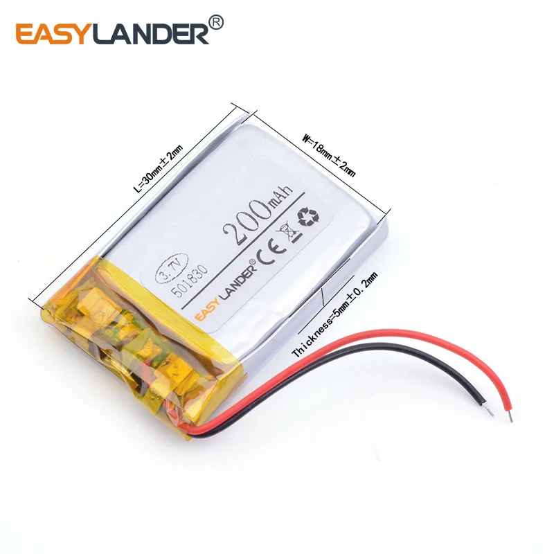 3.7V 200mAh 501830 Rechargeable Lithium Li-ion Li Polymer Battery For DIY Mp3 GPS PSP bluetooth headphone headset toys