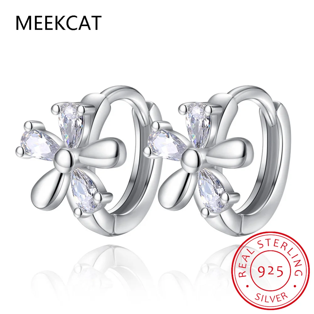 Real 925 Sterling Silver Shine Zircon Mini Flower Hoop Earrings for Women Cute Plant Fine Jewelry Accessories Creole Huggies