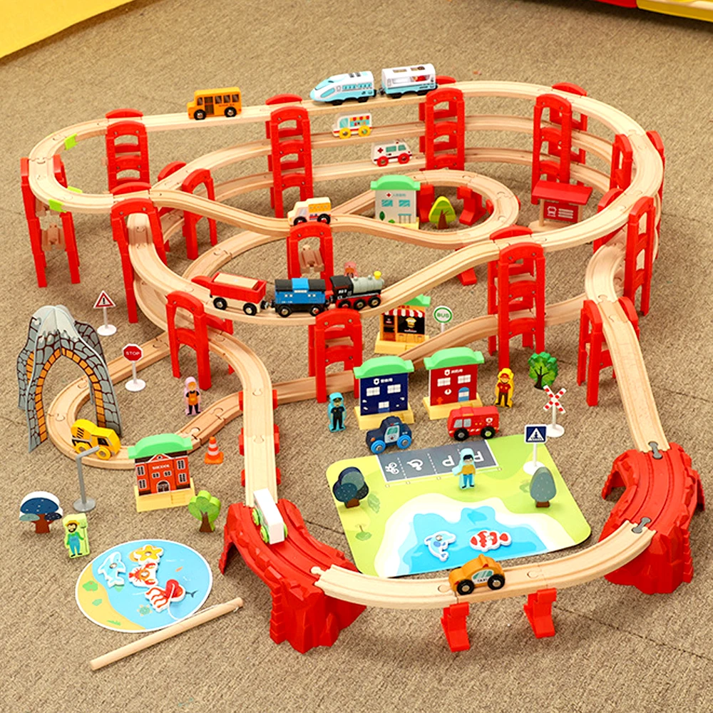 

Набор рельсов Happy City, деревянная дорожка, маленький поезд, детская головоломка, модель сцены, сборочная дорожка, XT138