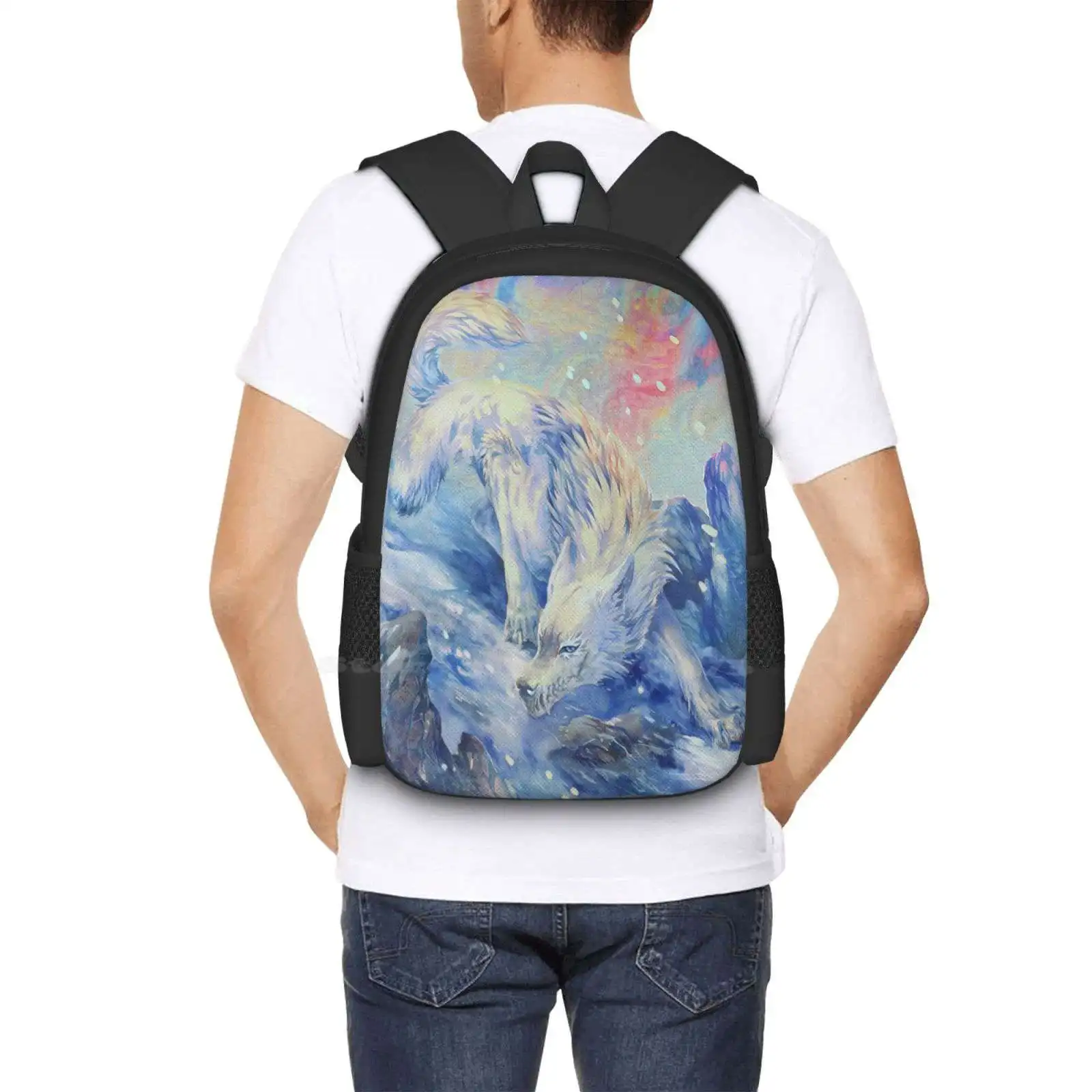 Skoll - Watercolor Hot Sale Backpack Fashion Bags Watercolor Watercolour Wolf Pastel Blue White Pink Traditional Snow