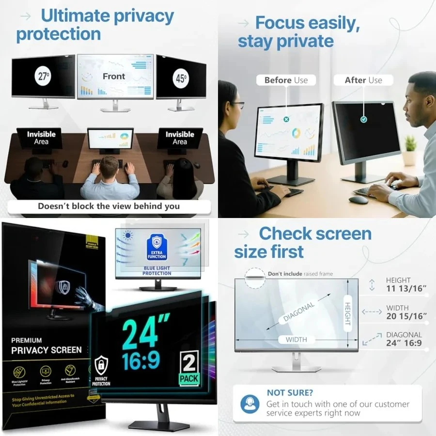 

[2 Pack] 24 Inch 16:9 Privacy Screen for Computer Monitor and Laptop - Anti Glare Protector Film Blue Light Filter Eye Protection - Computer Screen Privacy Shield