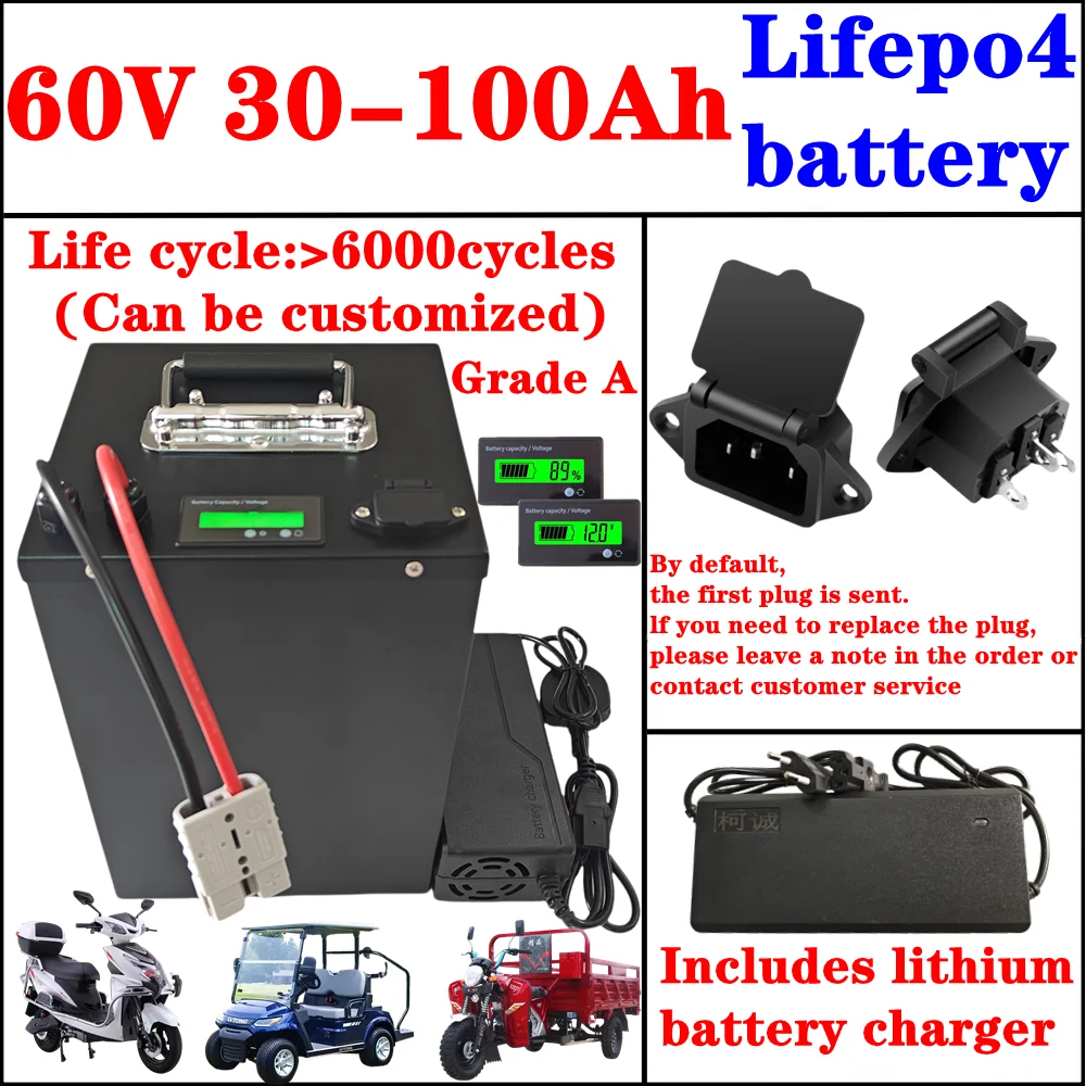 BMS 20S Lifepo4 60V 30Ah 40Ah 50Ah 60Ah 70Ah 80Ah 90Ah 100Ah Lithium Battery for 1000W 2000W 3000W Rickshaw Off-road Vehicle