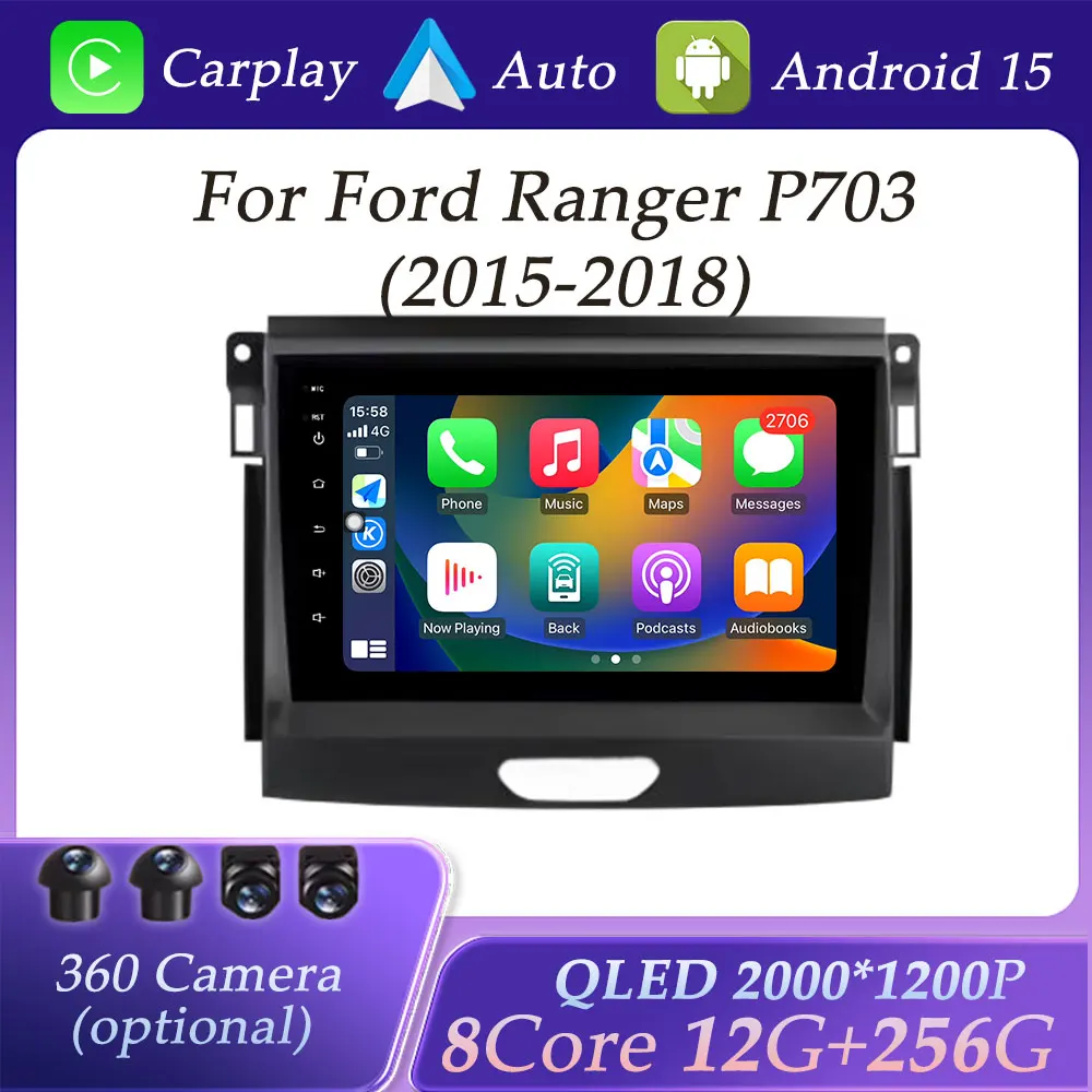 QLED Screen Android Auto Carplay for Ford Ranger P703 2015 - 2018 Car Radio  Multimedia Player Split Screen GPS Navi DSP Stereo