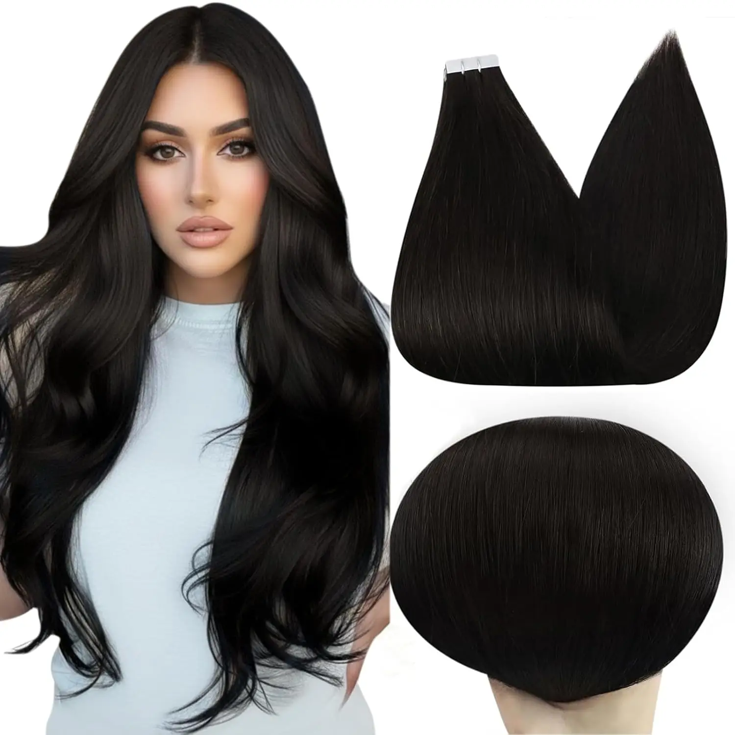 

# Наращивание волос методом ленточной прокладки 1B Bone Straight, натуральный черный цвет, бесшовные ленты из полиуретана, человеческие волосы для салонного качества.