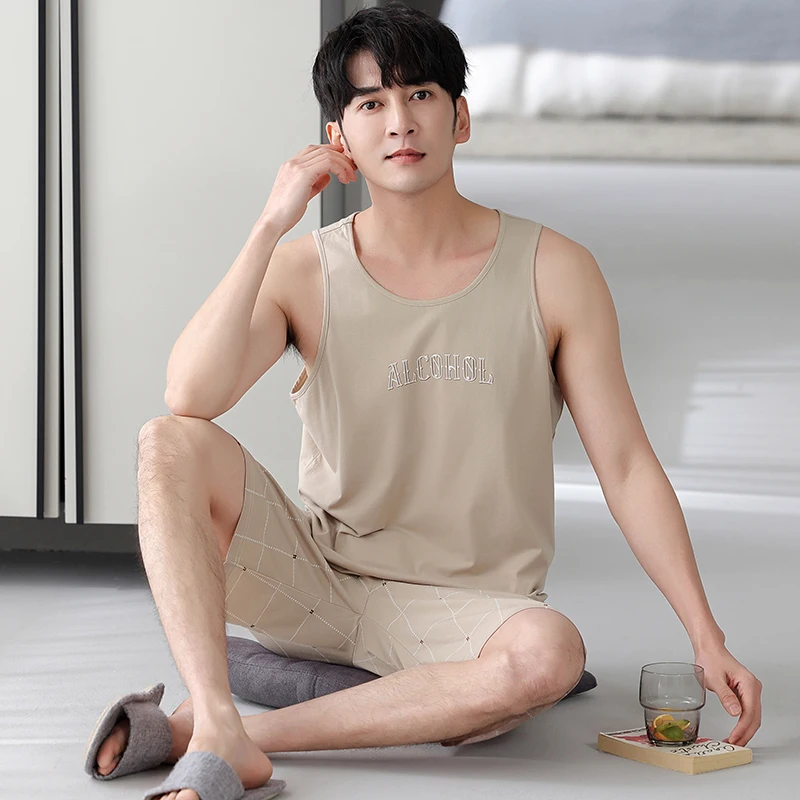 Summer Big Size L-5XL Men Pajamas Sets Sleeveless Solid Homewear Casual Sexy Sleepwear Sets